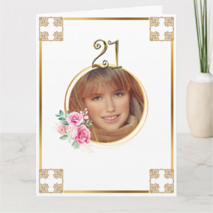 Carte Joyeux 21e anniversaire photo or croix fleur rose