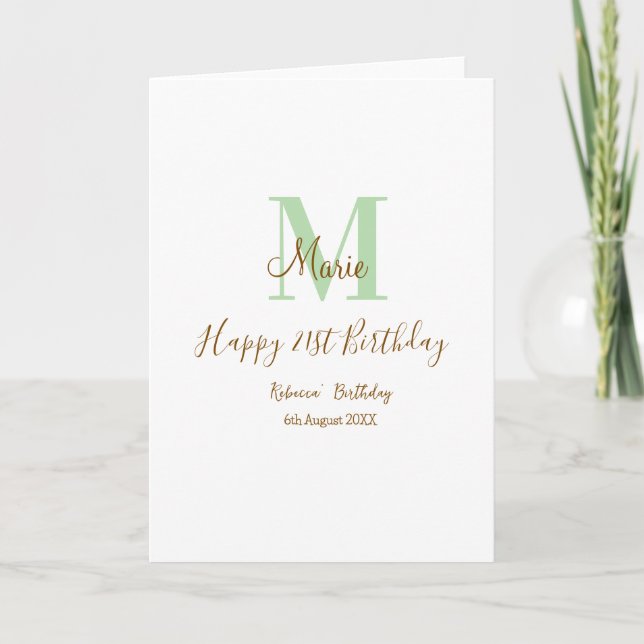 Carte Joyeux 21e anniversaire vert ajouter nom monogramm (Devant)