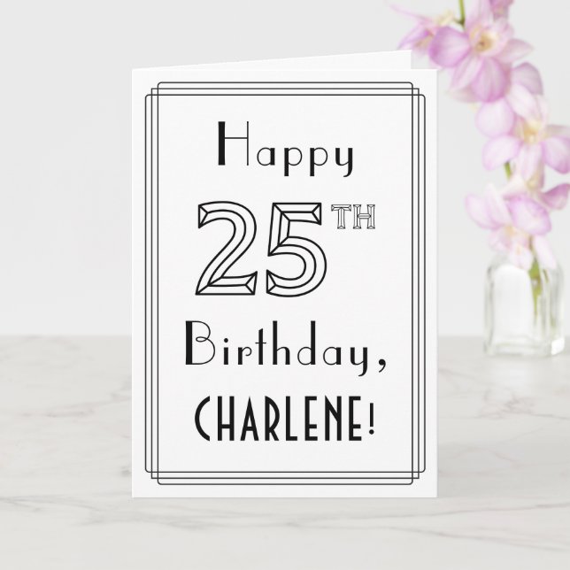 Carte Joyeux 25ème anniversaire, Art Déco Style avec Nom (Orchidée)