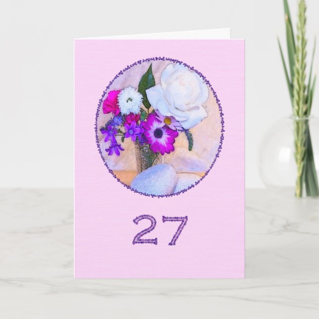 Carte Joyeux 27ème anniversaire avec un tableau de fleur (Devant)