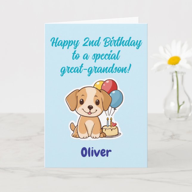 Carte Joyeux 2e Anniversaire Arrière-Petit-Fils, Chiot,  (Petite plante)