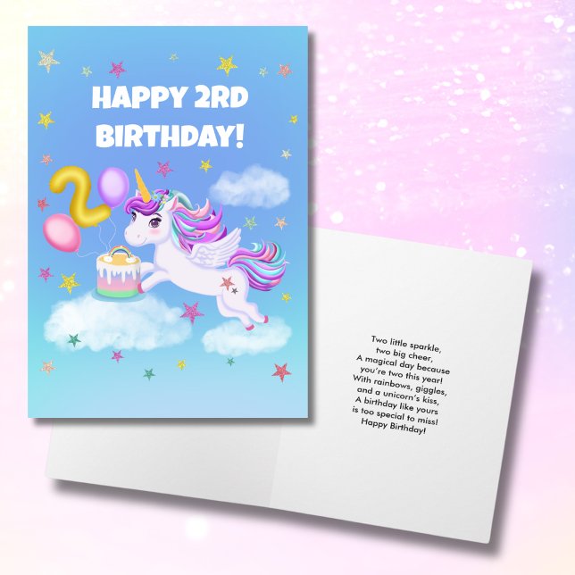 Carte Joyeux 2e Anniversaire Licorne avec Gâteau d'Anniv (Créateur téléchargé)