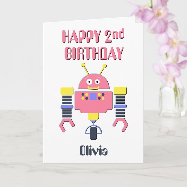 Carte Joyeux 2e anniversaire Robot rose (Orchidée)