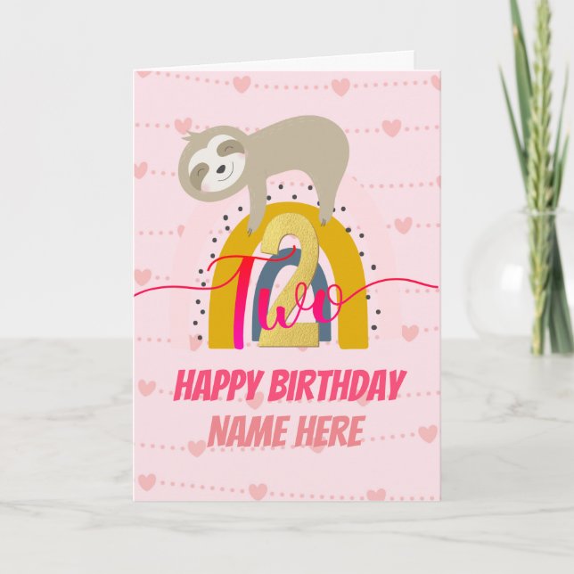 Carte Joyeux 2e anniversaire Sloth Rainbow Pink & Gold G (Devant)