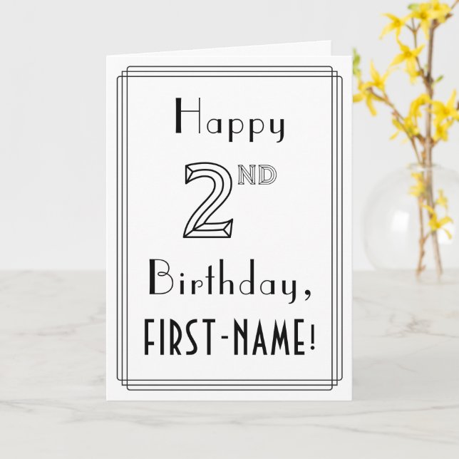 Carte Joyeux 2e anniversaire, style Art déco avec/ Nom p (Fleur jaune)