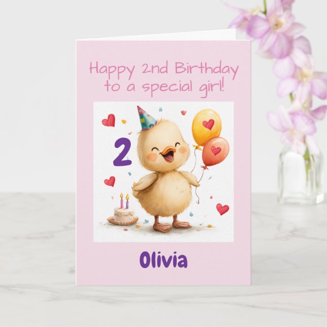 Carte Joyeux 2ème Anniversaire, Caneton, Rime Pers (Orchidée)