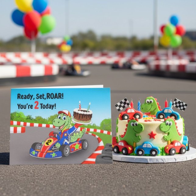 Carte Joyeux 2ème anniversaire Dinosaur Course Automobil (Créateur téléchargé)