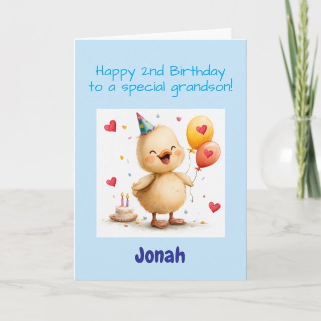 Carte Joyeux 2ème anniversaire Petit-fils, Caneton, Pers (Devant)