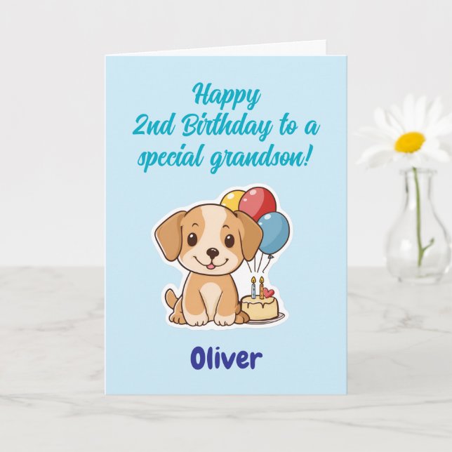 Carte Joyeux 2ème Anniversaire Petit-Fils, Chiot, Person (Petite plante)