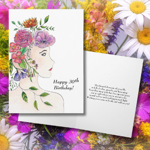 Carte Joyeux 30e Anniversaire Femme Fleurs Illustration