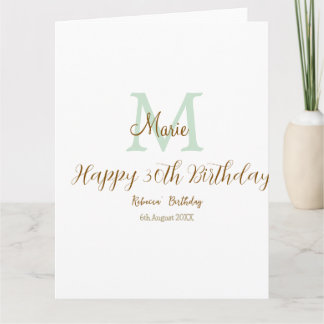 Carte Joyeux 30e Anniversaire monogramme pastel vert dor