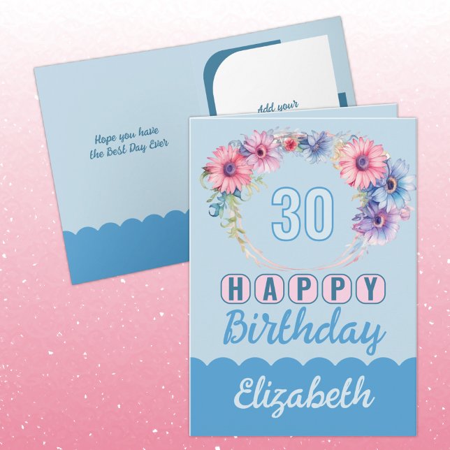 Carte Joyeux 30e anniversaire nom floral bleu (Créateur téléchargé)