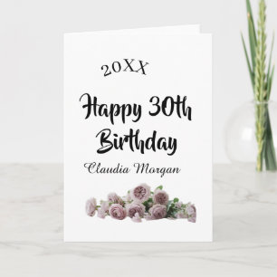 Carte Joyeux 30e anniversaire nom floral rose blanc mauv