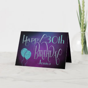 Carte Joyeux 30ème Nom Purple Turquoise Anniversaire
