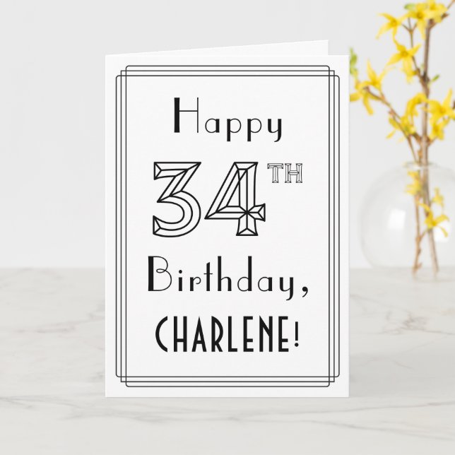 Carte Joyeux 34e anniversaire, style Art déco avec nom p (Fleur jaune)