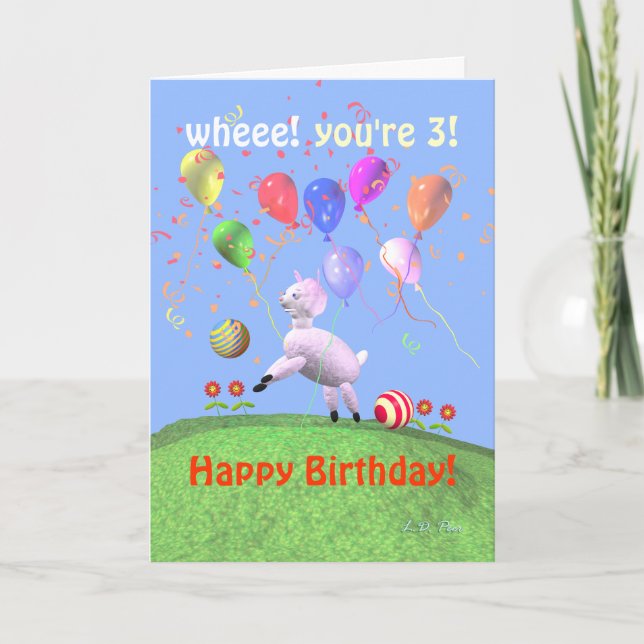Carte Joyeux 3e anniversaire agneau et ballons (Devant)