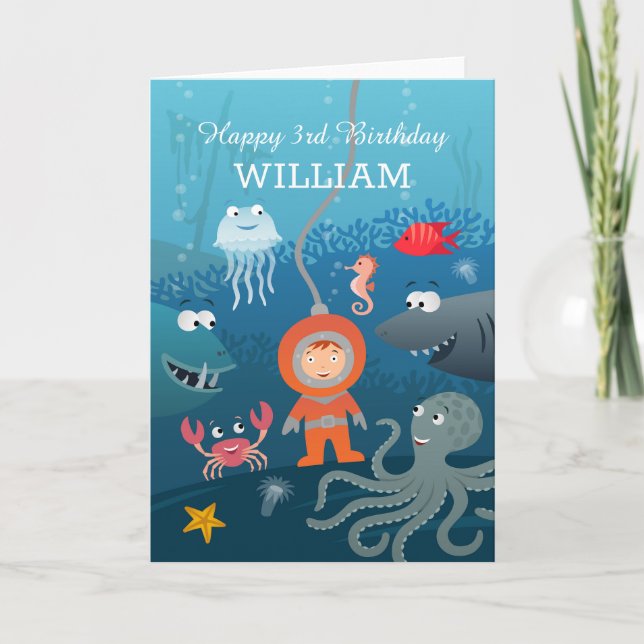Carte Joyeux 3e anniversaire Cartoon Diver animal sous-m (Devant)