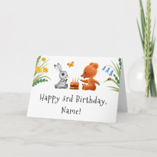 Carte Joyeux 3e anniversaire Teddy Bear Bunny Cake Candl