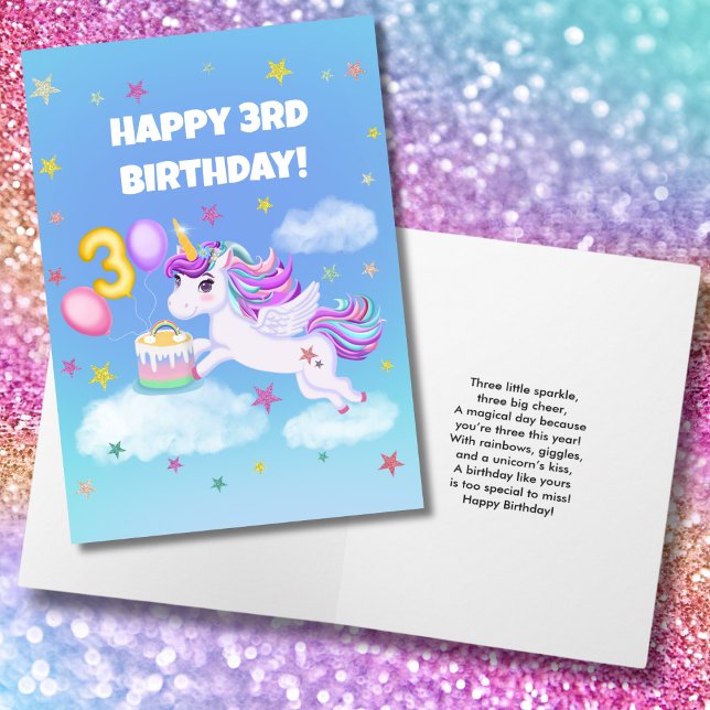Carte Joyeux 3ème anniversaire Licorne avec gâteau d'ann (Créateur téléchargé)