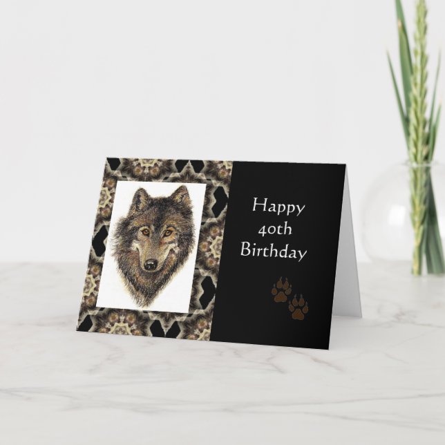 Carte Joyeux 40e anniversaire avec Wolf aquarelle (Devant)