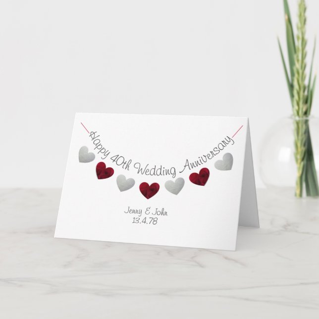Carte Joyeux 40ème anniversaire de Mariage Ruby Coeurs r (Devant)