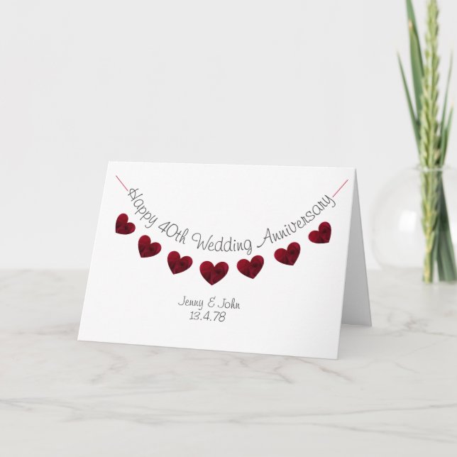 Carte Joyeux 40ème anniversaire de Mariage Ruby Coeurs r (Devant)