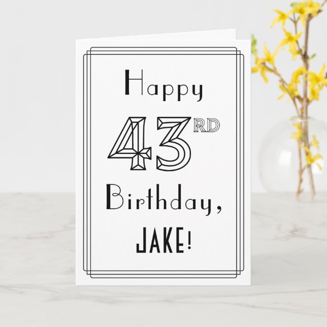 Carte Joyeux 43ème anniversaire, style Art Déco avec nom (Fleur jaune)