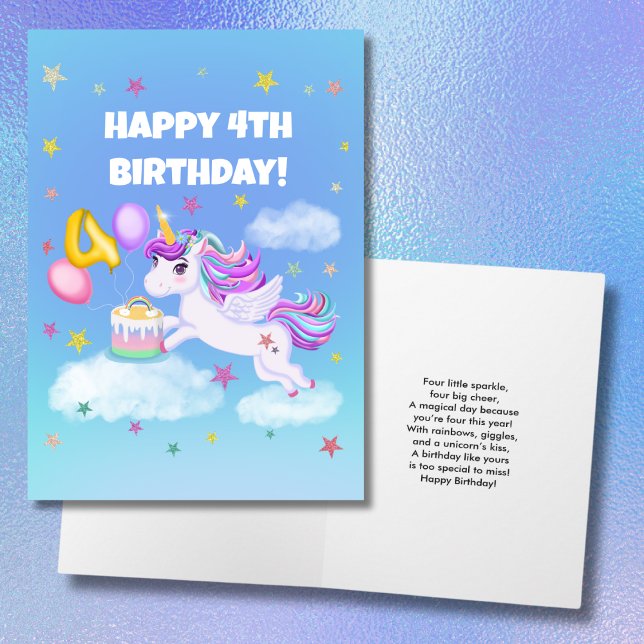 Carte Joyeux 4 Anniversaire Unicorne avec gâteau d'anniv (Créateur téléchargé)