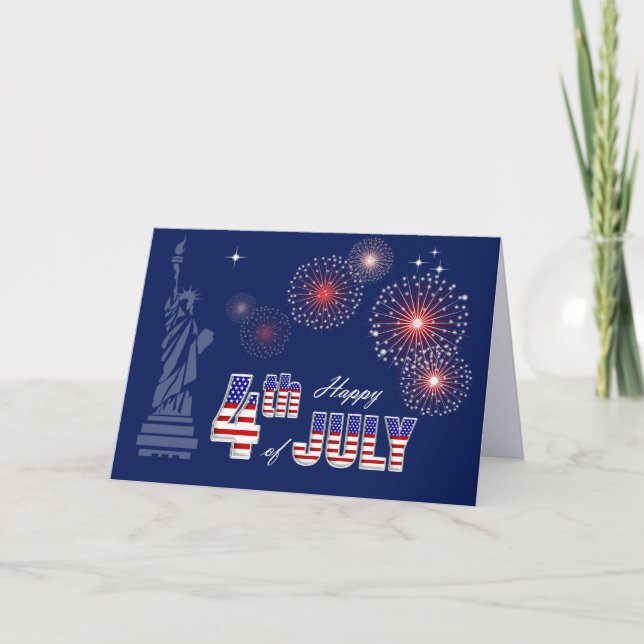 Carte Joyeux 4 juillet. Statue de la Liberté et feux d'a (Devant)