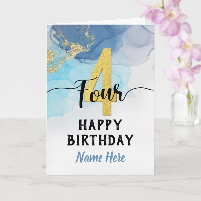 Carte Joyeux 4e anniversaire aquarelle bleu & or garçon (Orchidée)
