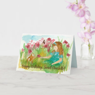 Carte Joyeux 4e anniversaire Little Girl Kitten Garden