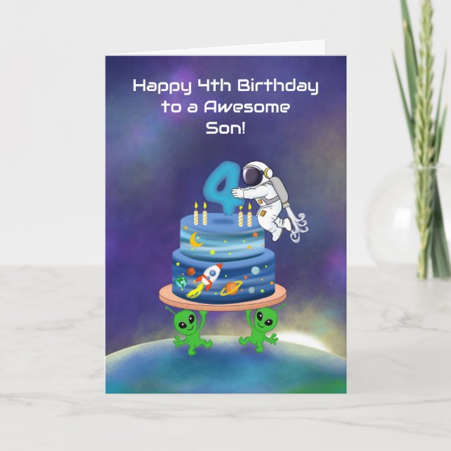 Carte Joyeux 4ème anniversaire Astronaute avec gâteau (Devant)