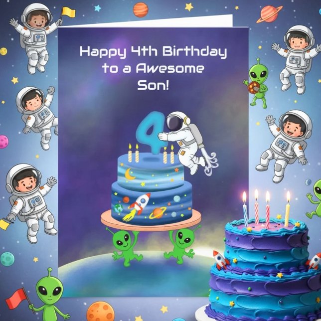 Carte Joyeux 4ème anniversaire Astronaute avec gâteau (Créateur téléchargé)