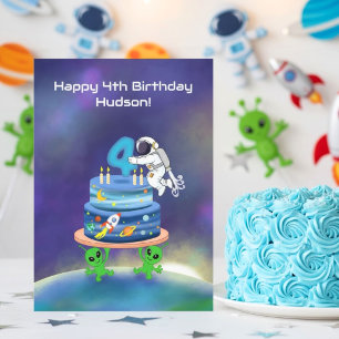 Carte Joyeux 4ème anniversaire Astronaute avec gâteau