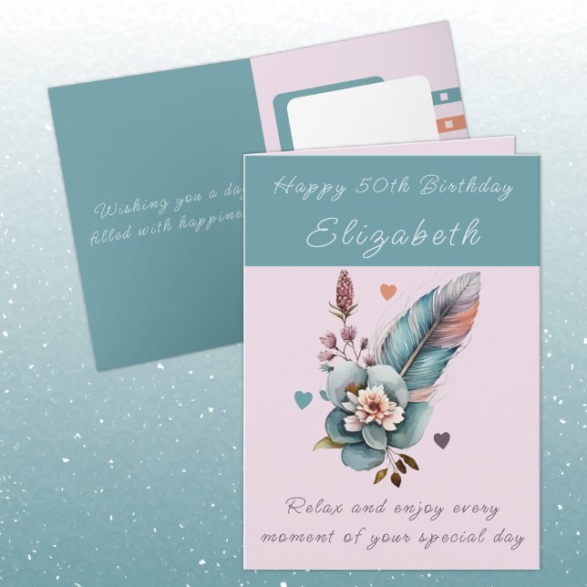 Carte Joyeux 50e anniversaire ajouter nom vert fleuri (Créateur téléchargé)