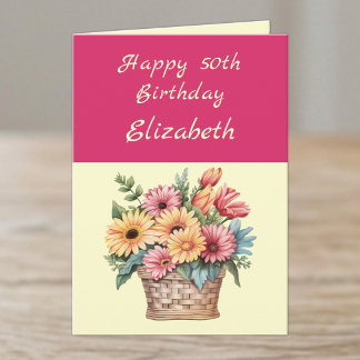 Carte Joyeux 50e Anniversaire ajoutez nom fleurs Cerise