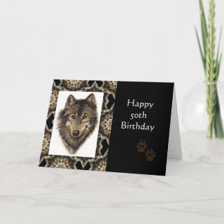 Carte Joyeux 50e anniversaire avec Wolf aquarelle