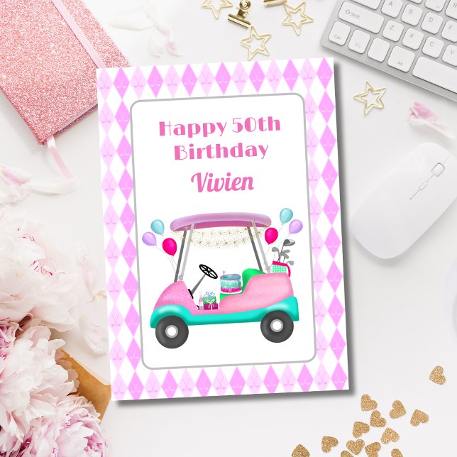 Carte Joyeux 50e anniversaire chariot de golf pour dames (Hit a hole in one with this personalized birthday card for someone who is a golf fan!)