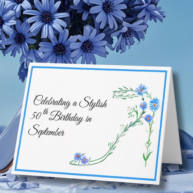 Carte Joyeux 50e anniversaire de septembre Fleurs Blue A (Créateur téléchargé)