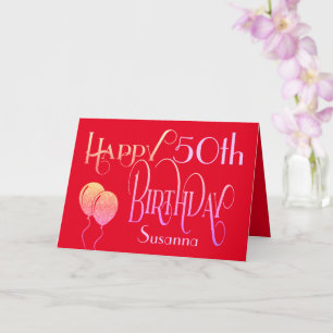 Carte Joyeux 50e anniversaire Elegant Nom de script roug