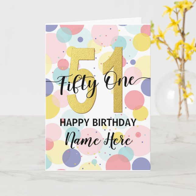 Carte Joyeux 51e anniversaire Pastel Rainbow and Gold Gi (Fleur jaune)