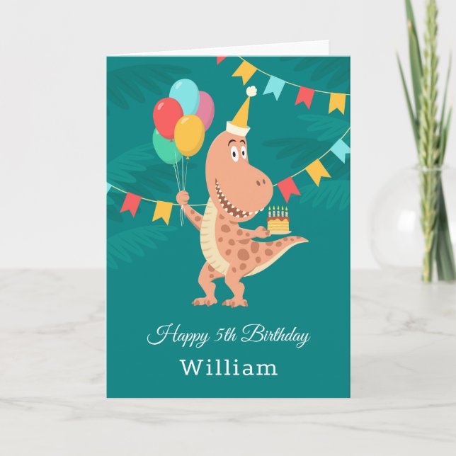 Carte Joyeux 5 Anniversaire Cake Balloon Cute Dinosaur C (Devant)