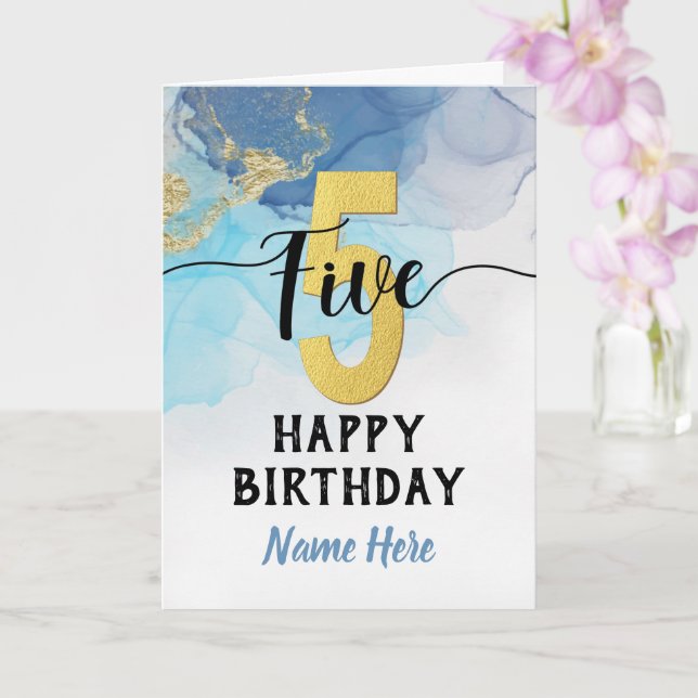 Carte Joyeux 5e anniversaire aquarelle Bleu & or Garçon (Orchidée)