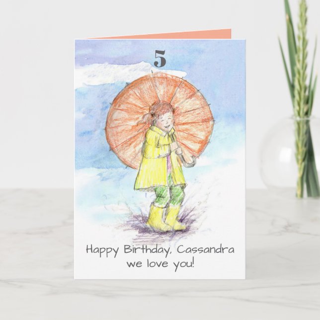 Carte Joyeux 5e anniversaire fille parapluie Nom personn (Devant)