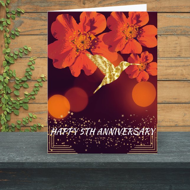 Carte Joyeux 5e anniversaire Mariage Orange Fleurs Bird (Créateur téléchargé)