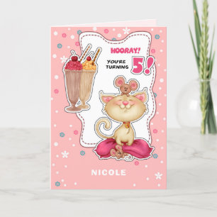 Carte Joyeux 5e anniversaire. Nom personnalisé Fun Kitty