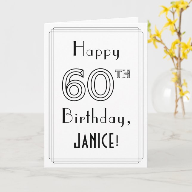Carte Joyeux 60e anniversaire, style Art déco avec nom p (Fleur jaune)