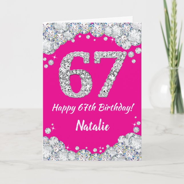 Carte Joyeux 67e Anniversaire Paillettes Rose Chaud et A (Devant)