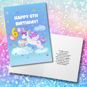 Carte Joyeux 6 Anniversaire Unicorne avec gâteau d'anniv