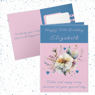 Carte Joyeux 70e anniversaire ajouter nom floral bleu